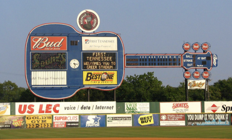 The iconic 115-foot-long guitar-shaped scoreboard was introduced to Herschel Greer Stadium here in Wedgewood Houston in 1993